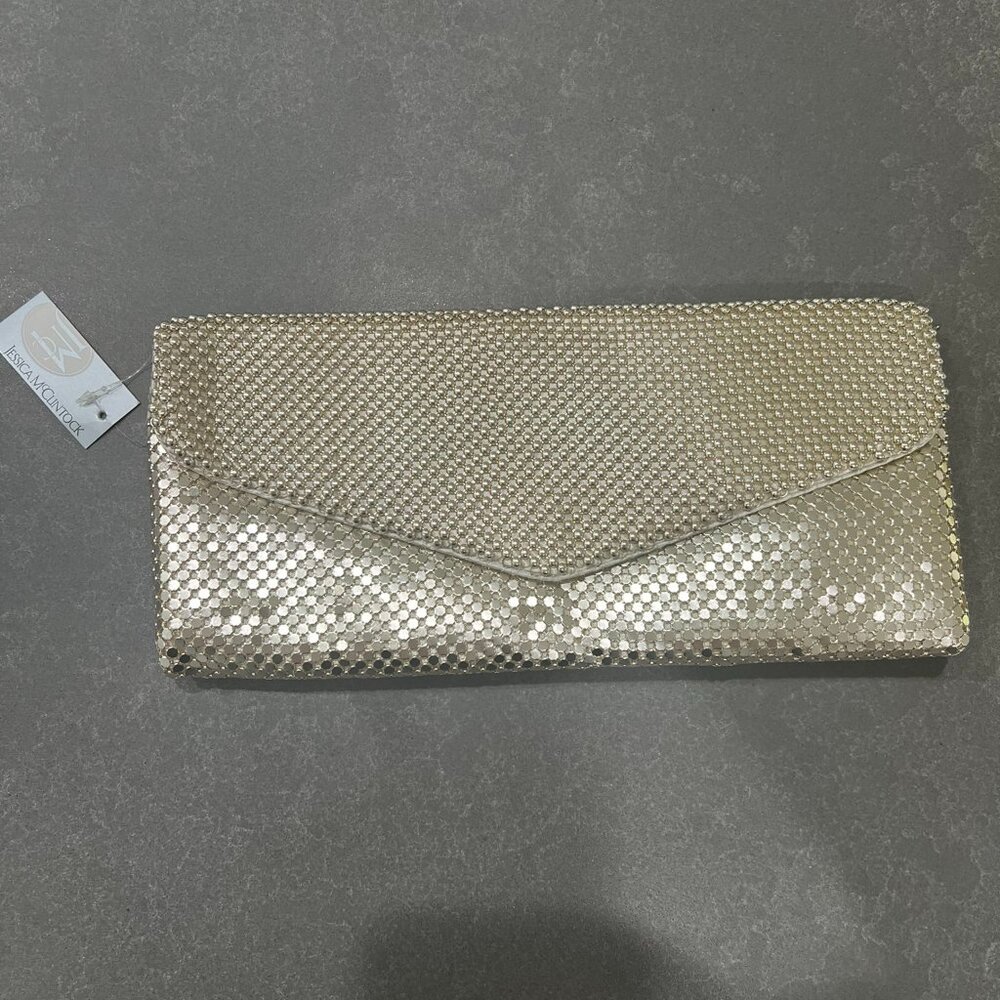 Jessica McClintock V Flap Mesh Ball Clutch - Light Gold - NWT